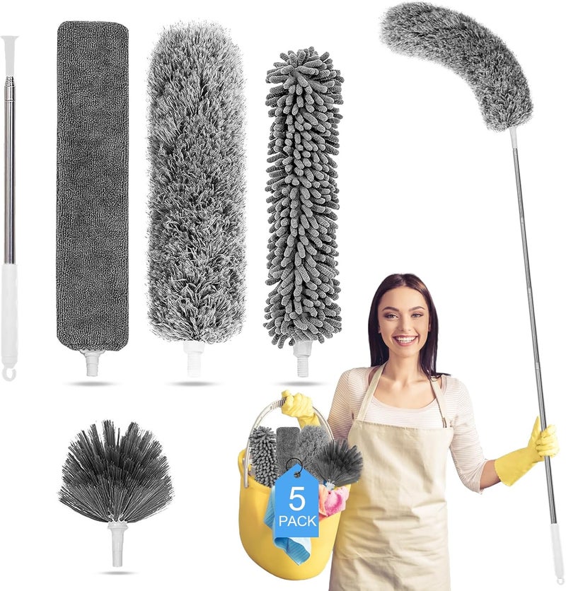 Tiumso Microfiber Feather Duster 5-in-1 Kit, Dusters for Cleaning, Duster with Extension Pole 100 Inches, Cobweb Duster, Microfiber Dusters for High Ceilings and Fans, Blinds, Cars and Furniture - Image 1